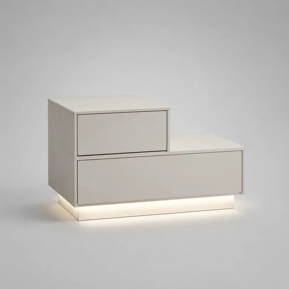 Table de chevet LED asymétrique en MDF blanc cassé avec 2 tiroirs, 80 × 40 × 60 cm