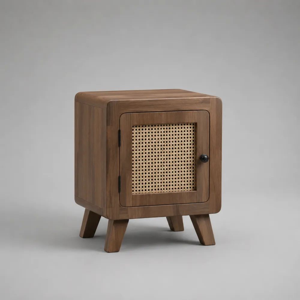 Table de chevet en bois massif avec porte en cannage de rotin, brun noyer, 45 x 40 x 60 cm