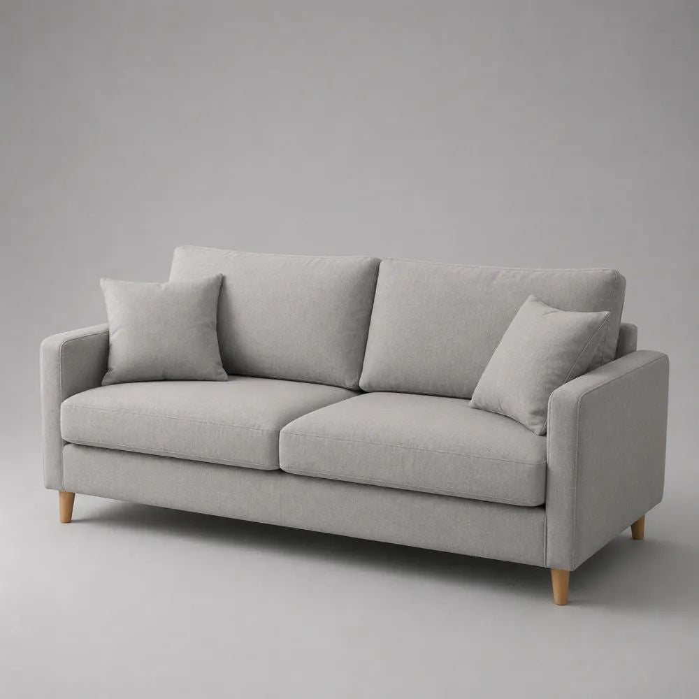 Canapé droit 3 places en tissu gris clair avec pieds en bois, 190 × 84 × 85 cm