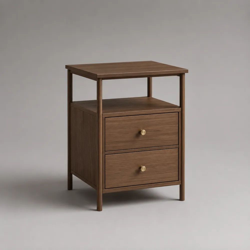 Table de chevet rectangulaire en bois et métal avec niche ouverte et 2 tiroirs, marron noyer et laiton, 45 x 40 x 65 cm