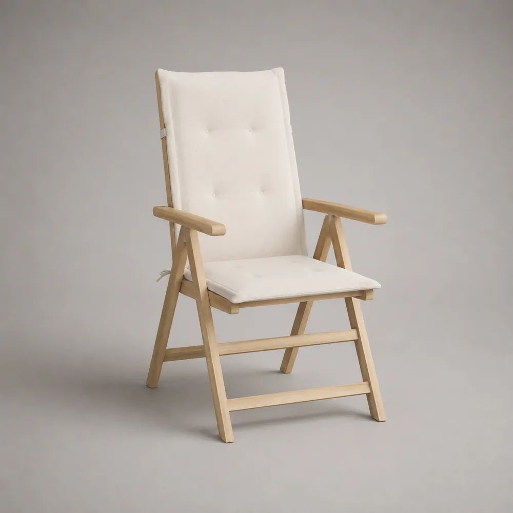 Chaise de jardin pliante et inclinable en bois massif avec coussin en tissu écru, 59 × 68 × 108 cm