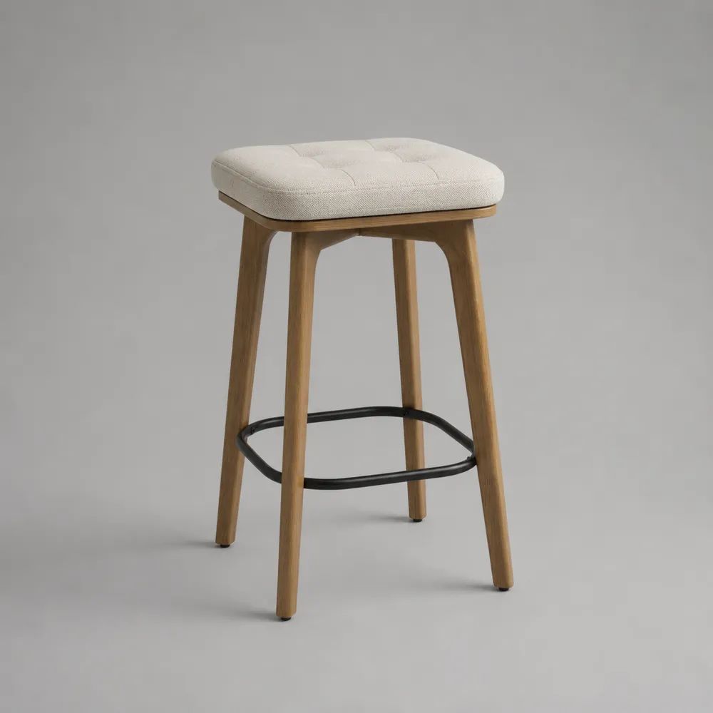Tabouret de bar rembourré en tissu beige clair, bois massif naturel et métal noir, 44 × 42 × 76 cm