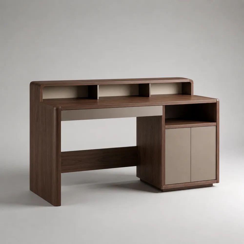 Bureau rectangulaire avec rangements en MDF plaqué noyer, marron noyer et beige, 120 × 55 × 100 cm
