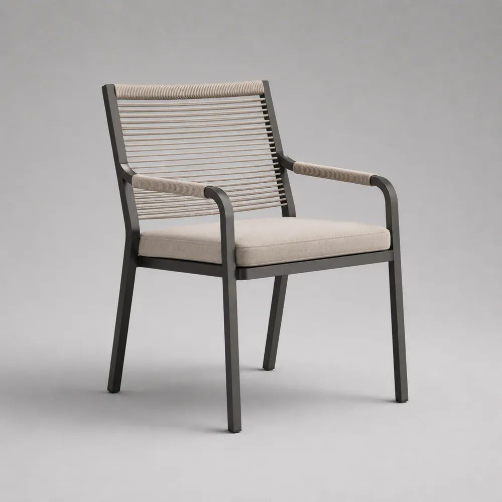 Fauteuil de jardin en aluminium et corde polyester gris anthracite et beige avec coussin, 61 × 64 × 87 cm