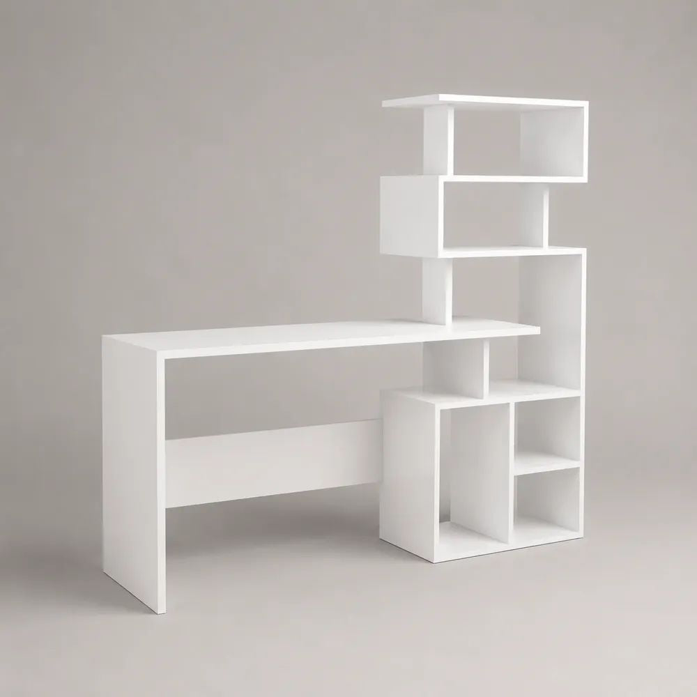 Bureau rectangulaire en bois blanc avec bibliothèque intégrée, 120 × 50 × 150 cm