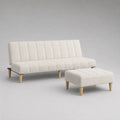 Ensemble 2 pièces avec canapé convertible 3 places et pouf en tissu bouclé crème, pieds en bois, 180 x 85 x 78 cm et 90 x 60 x 42 cm