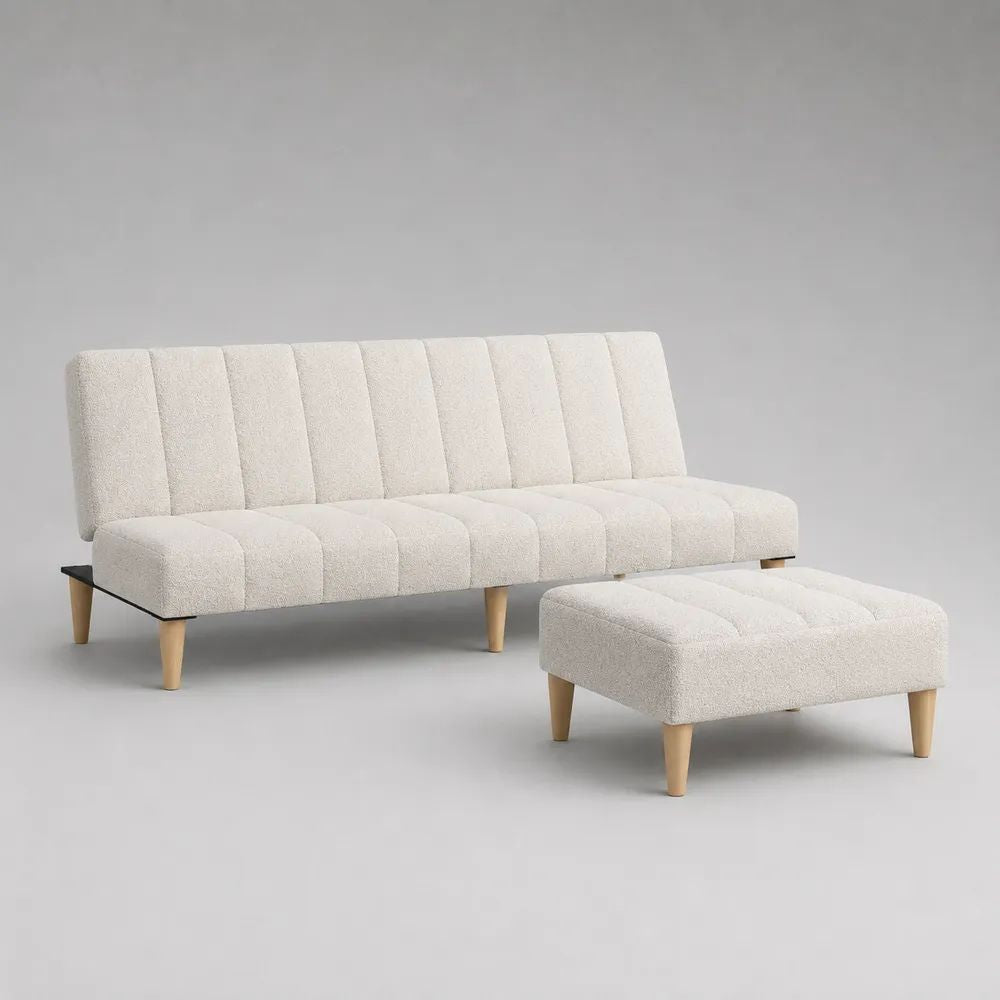 Ensemble 2 pièces avec canapé convertible 3 places et pouf en tissu bouclé crème, pieds en bois, 180 x 85 x 78 cm et 90 x 60 x 42 cm