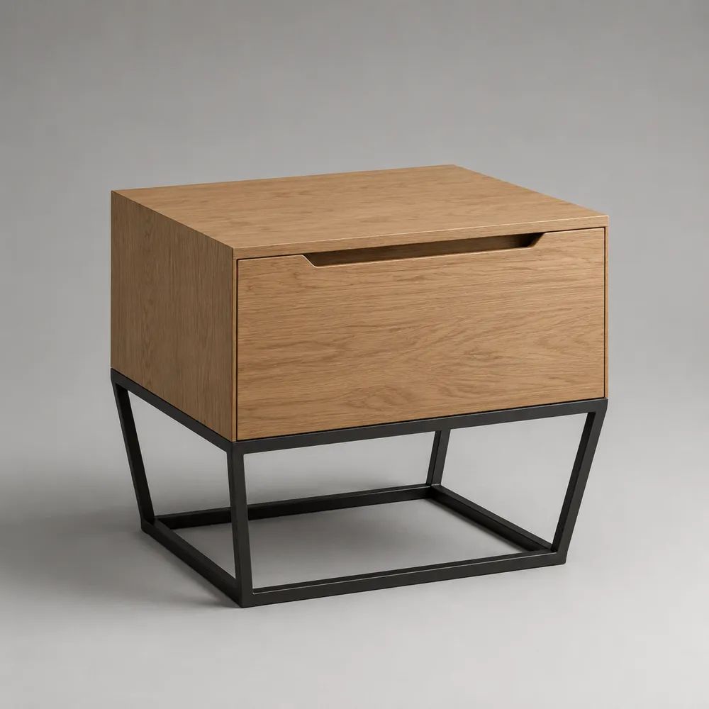 Table de chevet rectangulaire avec 1 tiroir en MDF plaqué chêne et acier noir, 50 × 40 × 50 cm