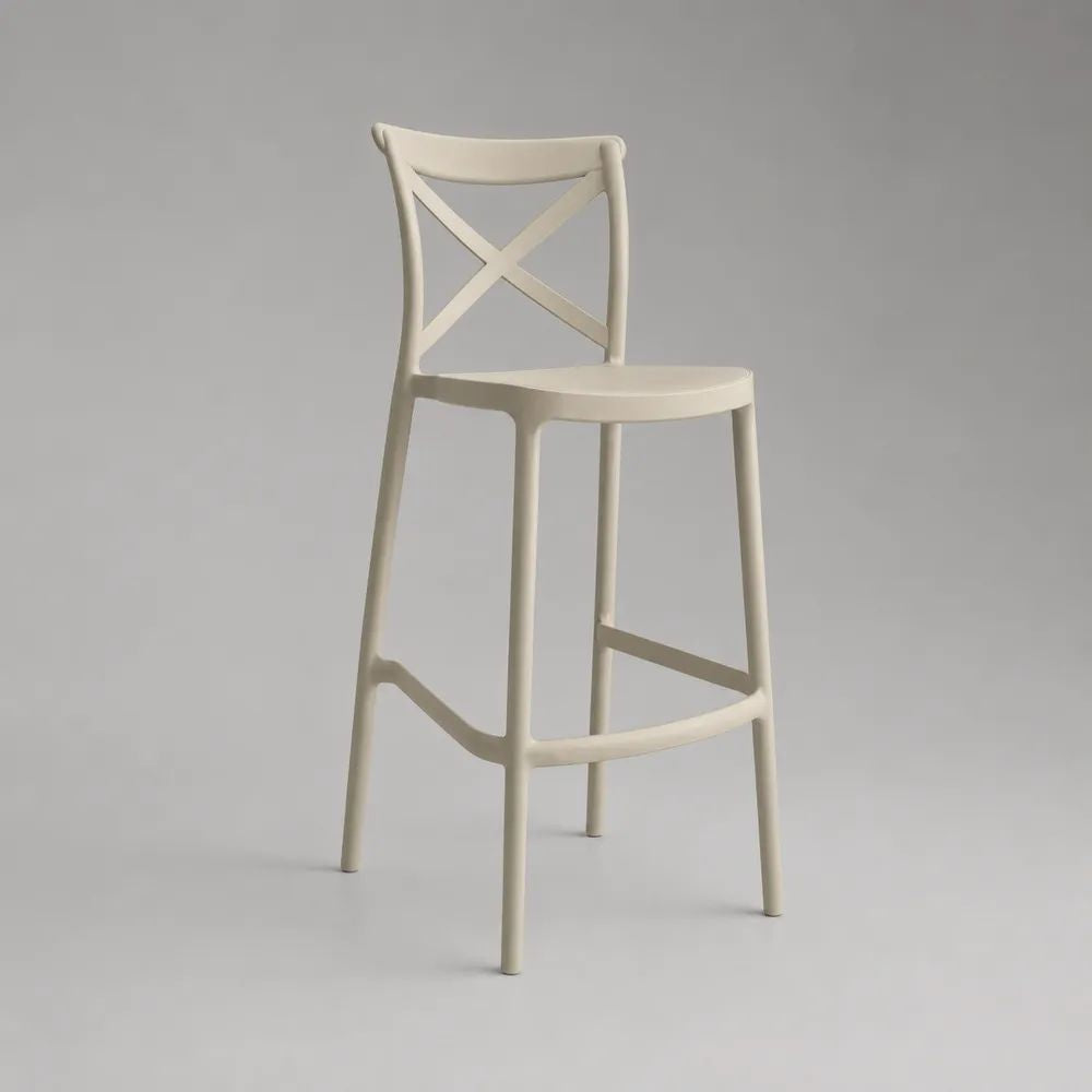 Tabouret de bar en polypropylène crème avec dossier croisé, 46 × 50 × 111 cm, hauteur d’assise 75 cm