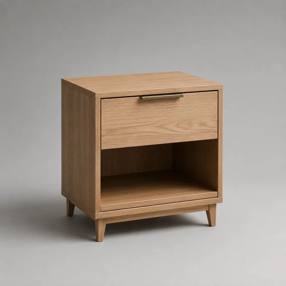 Table de chevet rectangulaire en MDF plaqué chêne naturel avec tiroir et niche, 50 × 40 × 60 cm