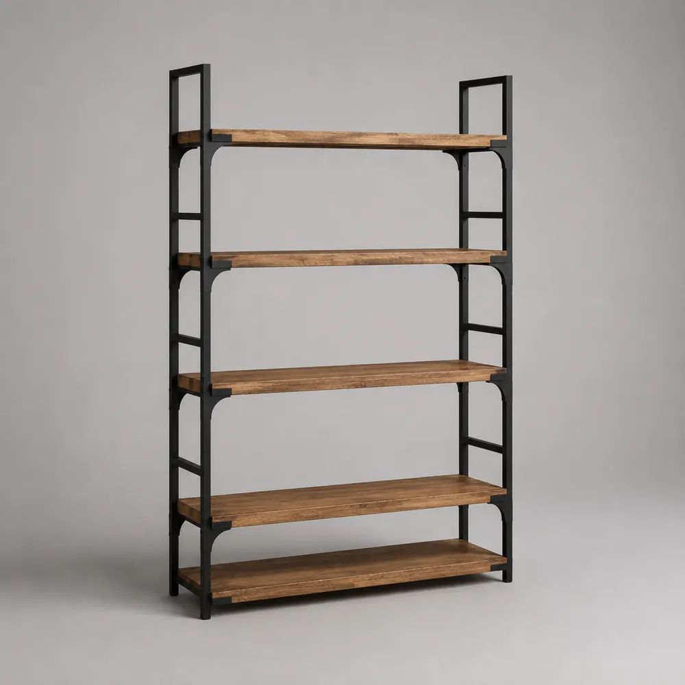 Étagère bibliothèque 5 niveaux en pin massif et acier, brun/noir, 120 × 40 × 180 cm