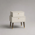 Table de chevet rectangulaire à 2 tiroirs en MDF et bois massif, blanc cassé, marron foncé et doré, 50 × 40 × 65 cm