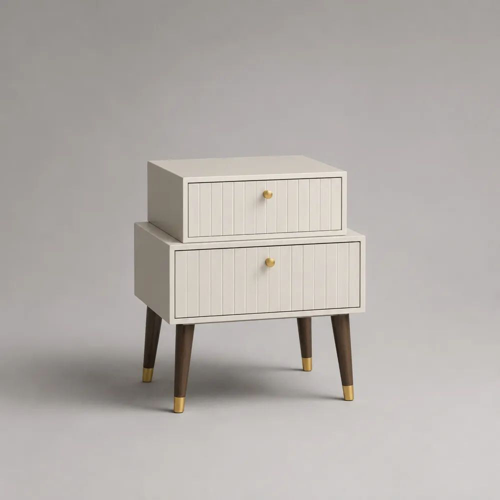 Table de chevet rectangulaire à 2 tiroirs en MDF et bois massif, blanc cassé, marron foncé et doré, 50 × 40 × 65 cm