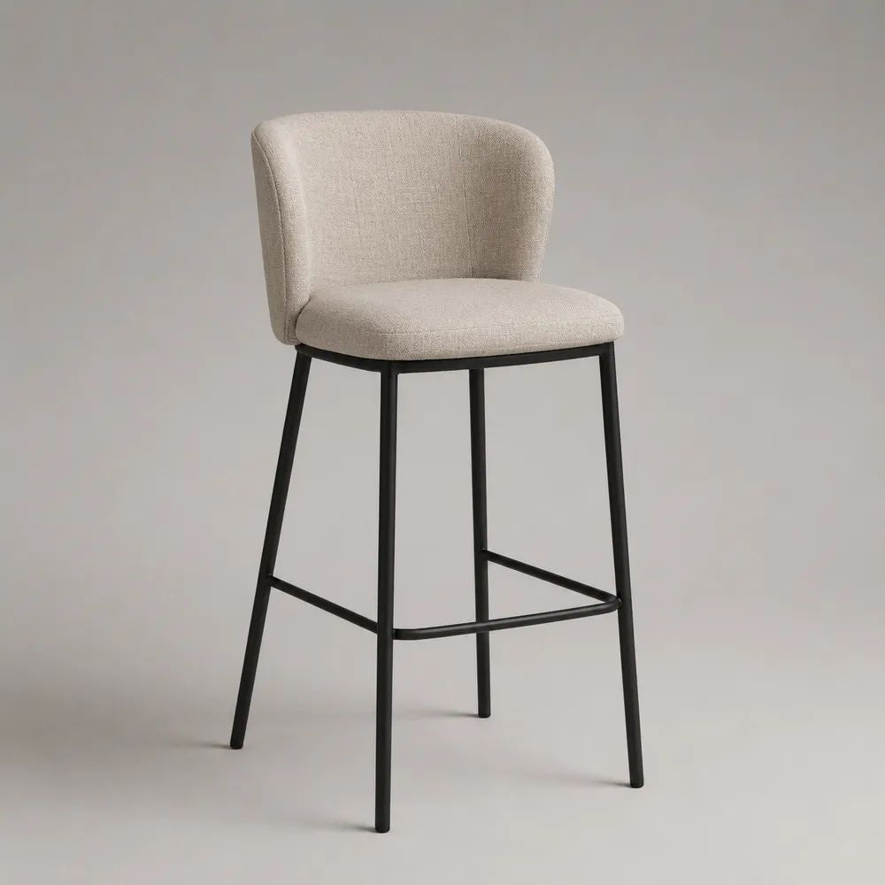 Tabouret de bar rembourré en polyester bouclé et acier noir avec dossier incurvé beige, 52 × 54 × 101 cm