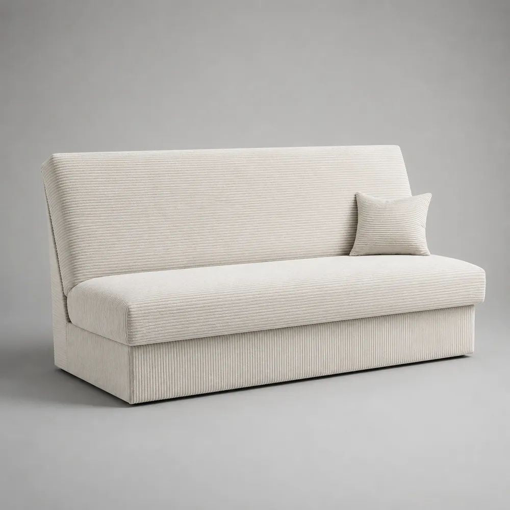 Canapé droit 3 places sans accoudoirs en velours côtelé polyester écru, 180 x 90 x 86 cm
