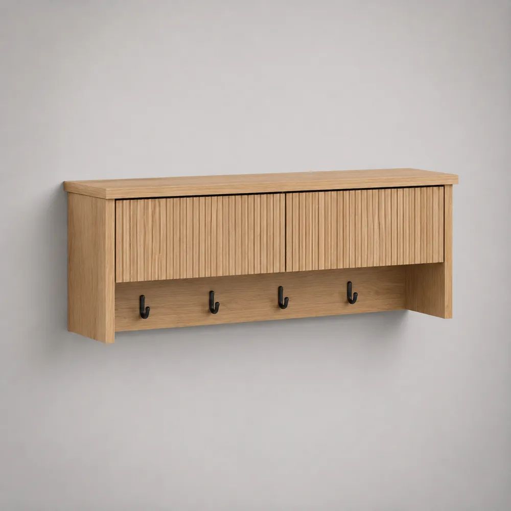 Étagère murale avec rangement fermé et 5 patères en bois et métal, chêne clair et noir, 100 × 22 × 42 cm