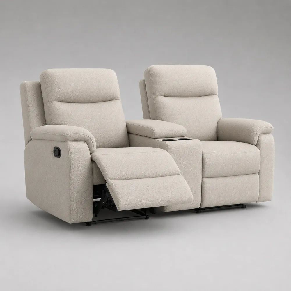 Canapé relax manuel 2 places en tissu bouclé beige avec console centrale et 2 porte-gobelets, 190 × 95 × 103 cm