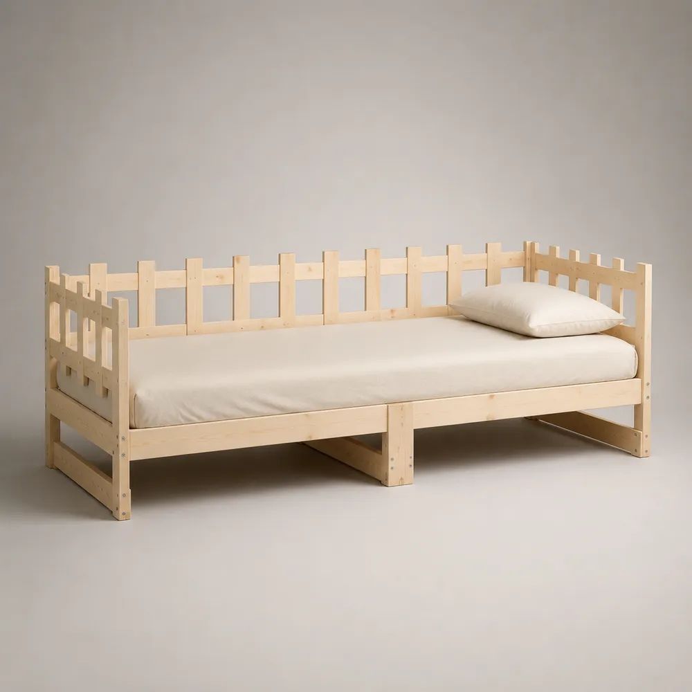Lit-banquette 1 place en pin massif naturel clair avec barrières et sommier, couchage 90 × 200 cm, dimensions 208 × 98 × 82 cm