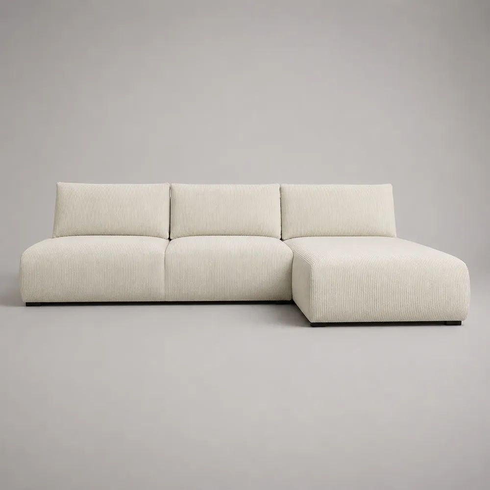 Canapé d’angle 3 places avec méridienne droite en velours côtelé polyester écru, 270 × 170 × 82 cm