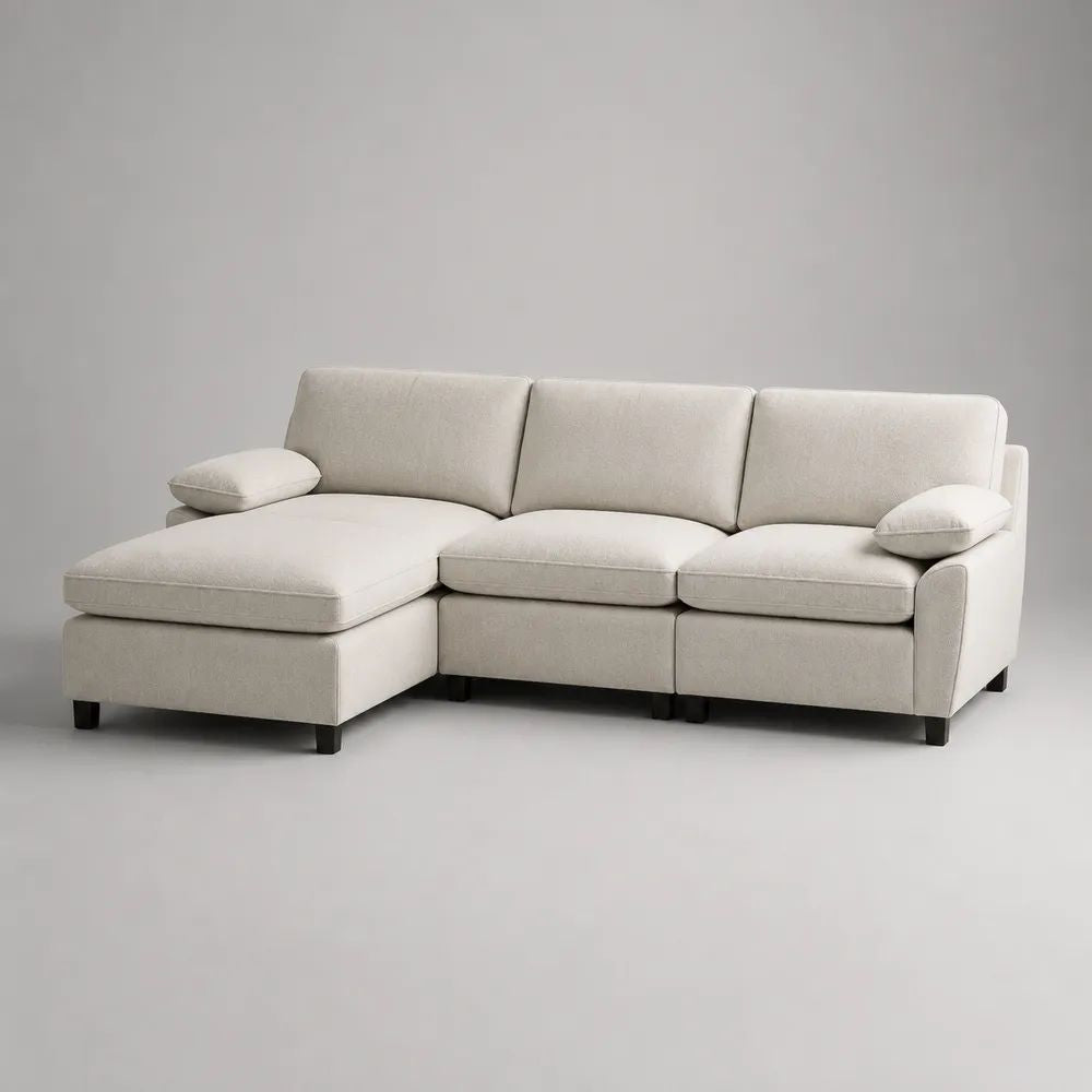Canapé d’angle 3 places en tissu bouclé écru avec méridienne gauche, 231 × 150 × 84 cm