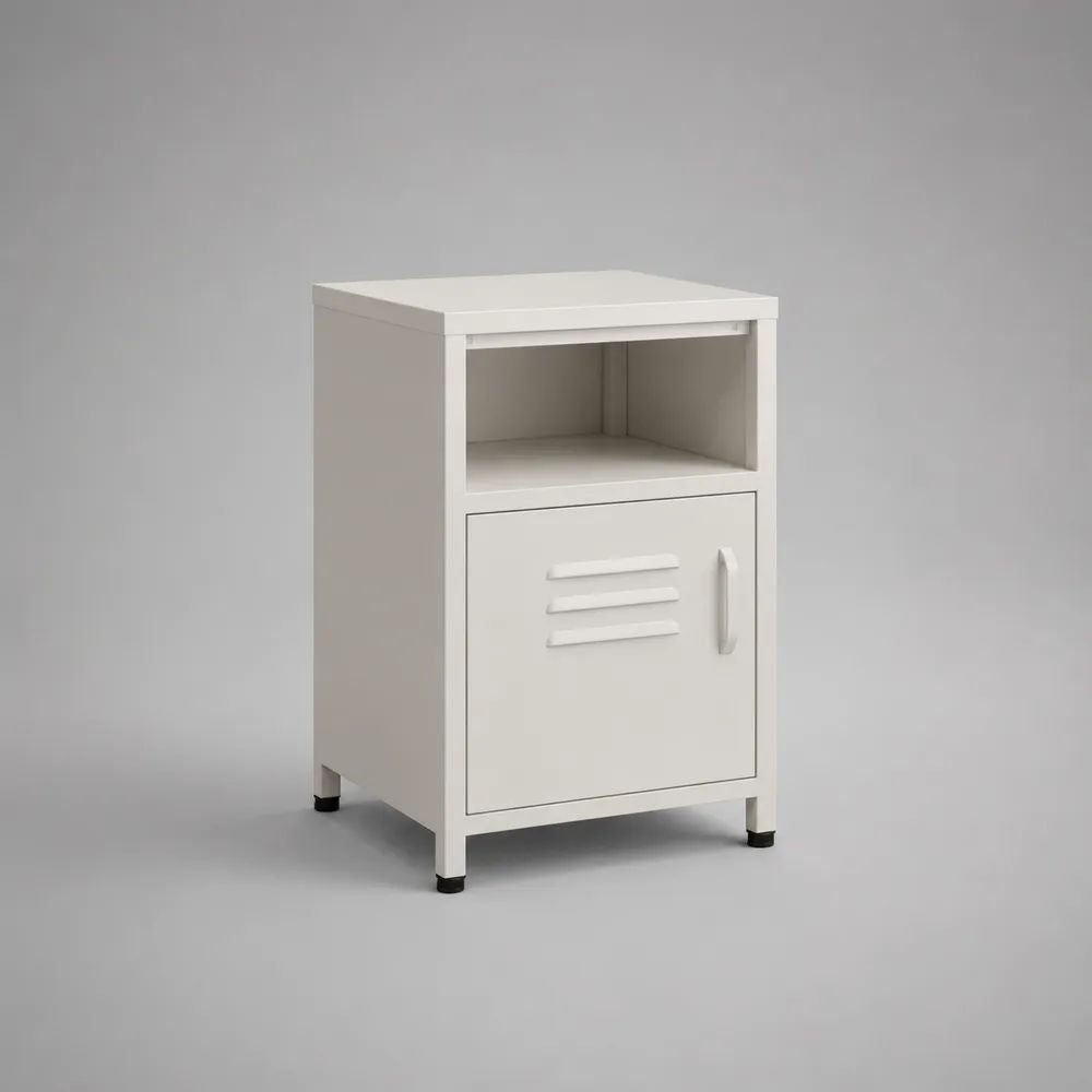 Table de chevet en acier blanc avec niche ouverte et placard, 40 x 35 x 60 cm