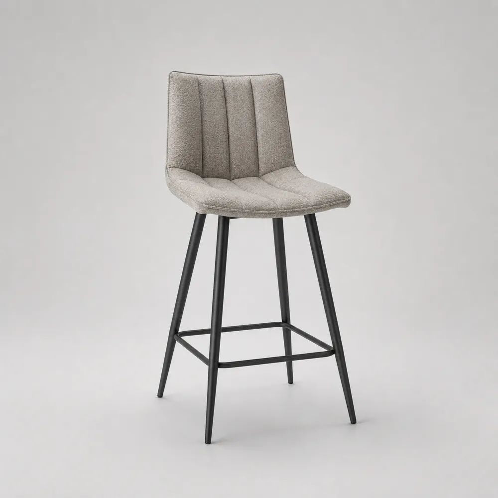 Tabouret de bar gris et noir avec dossier, assise rembourrée en tissu et pieds en acier, 50 × 54 × 104 cm, hauteur d’assise 75 cm