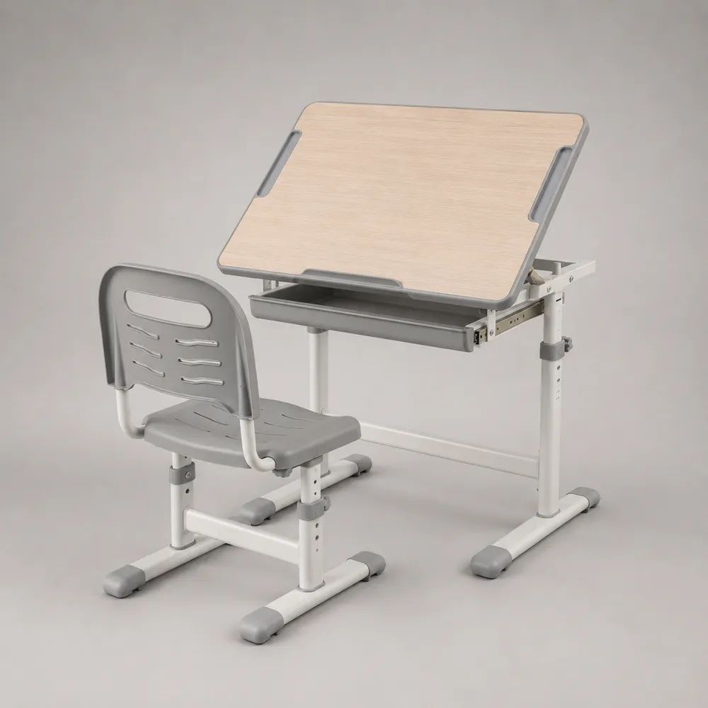 Ensemble bureau et chaise réglables pour enfant en MDF et acier, blanc, gris et bois clair, bureau 70 × 50 × 52–76 cm, chaise 38 × 44 × 58–72 cm