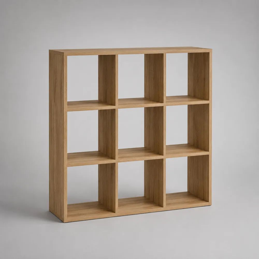 Étagère bibliothèque 9 cases en panneaux de particules mélaminés, chêne naturel, 108 × 30 × 108 cm
