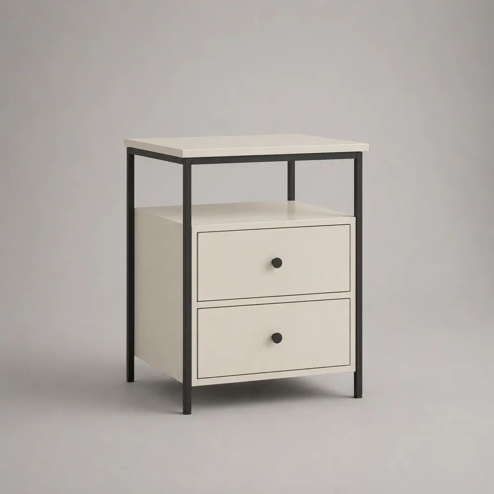 Table de chevet rectangulaire à 2 tiroirs en MDF et acier, blanc et noir, 45 × 40 × 60 cm