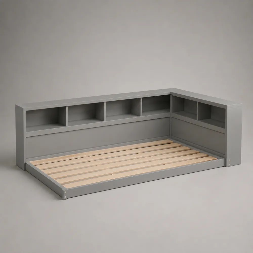 Lit banquette 1 place avec rangements en bois et sommier à lattes, gris, 210 × 110 × 90 cm, couchage 90 × 190 cm