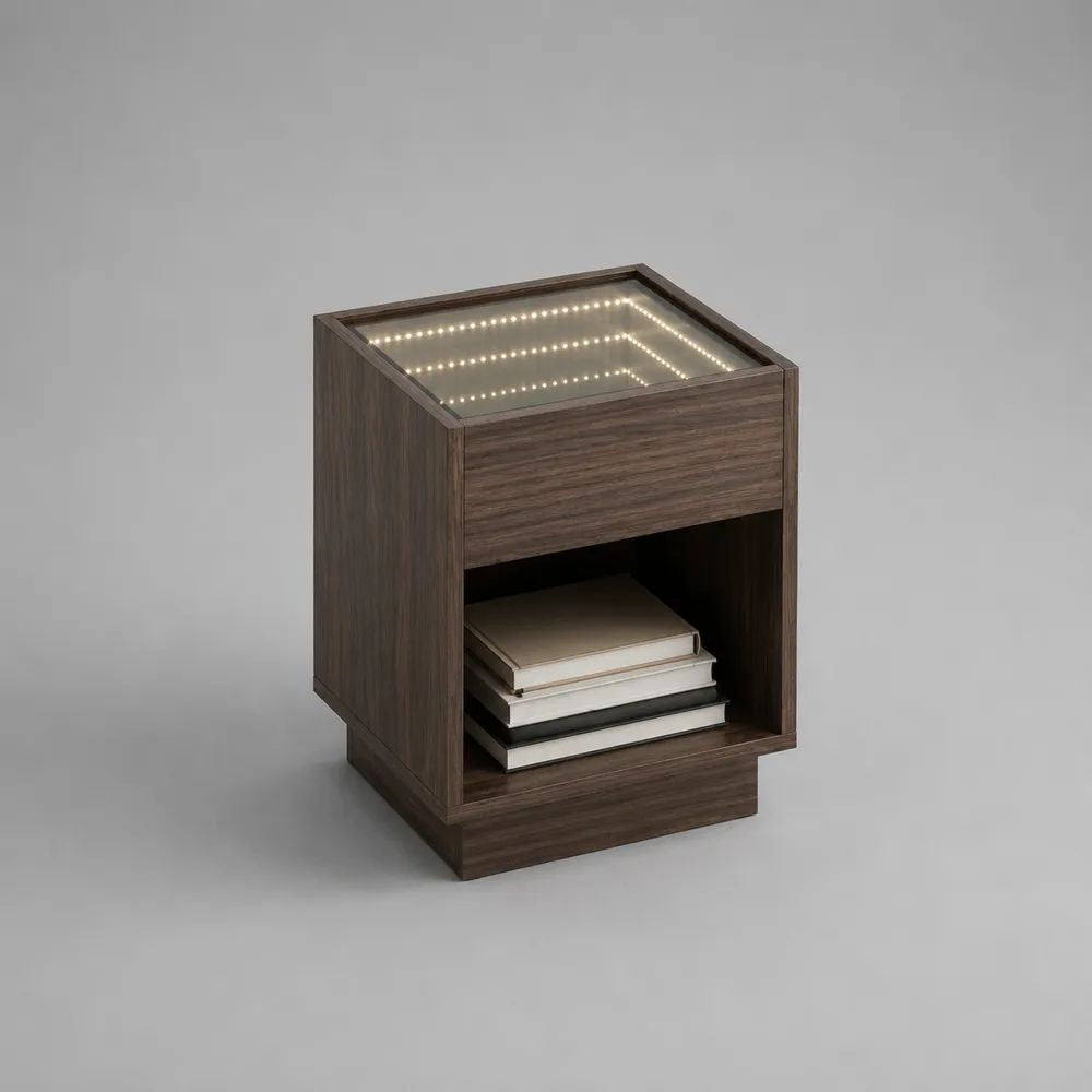 Table de chevet rectangulaire en bois et verre avec éclairage intégré à effet miroir infini, brun noyer et transparent, 40 x 35 x 55 cm